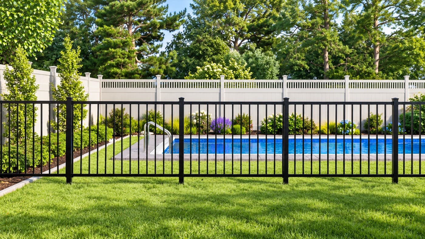 Black aluminum fence enclosing a swimming pool, with white vinyl privacy fencing behind the landscaped pool area.