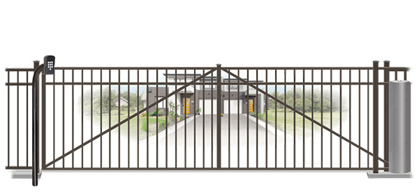 Metal sliding estate gate in closed position