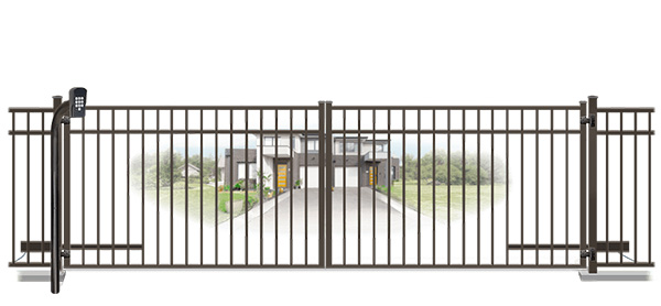 Metal swinging estate gate in closed position