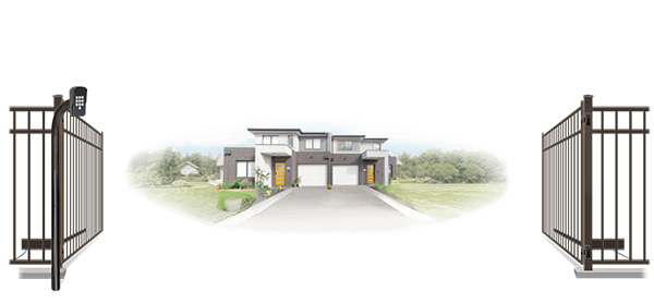 Metal swinging estate gate in open position